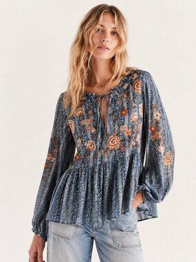 Savanna Jane Embroidered Floral Peplum Blouse Blue Boho Cottagecore